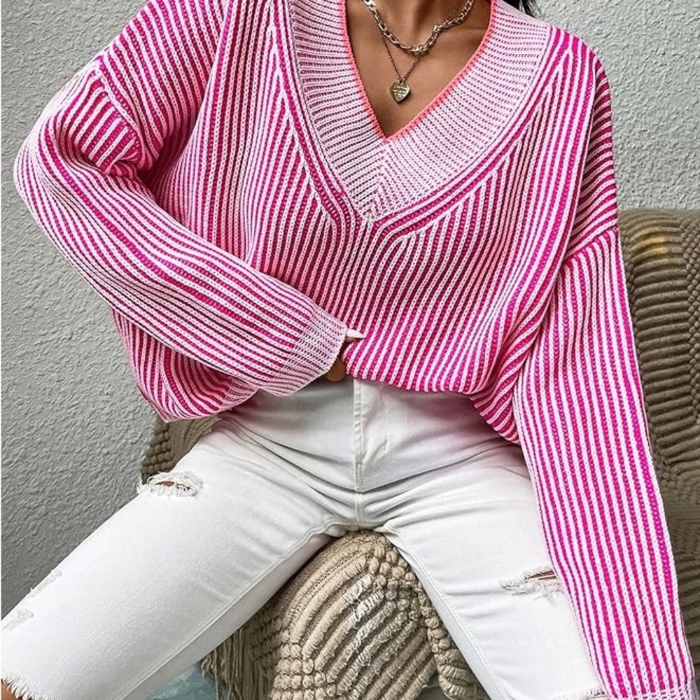 SHEIN Vibrant Pink and White Knit Top